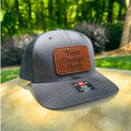 Leather patch trucker hat, personalize your design, laser engraved, Richardson 112