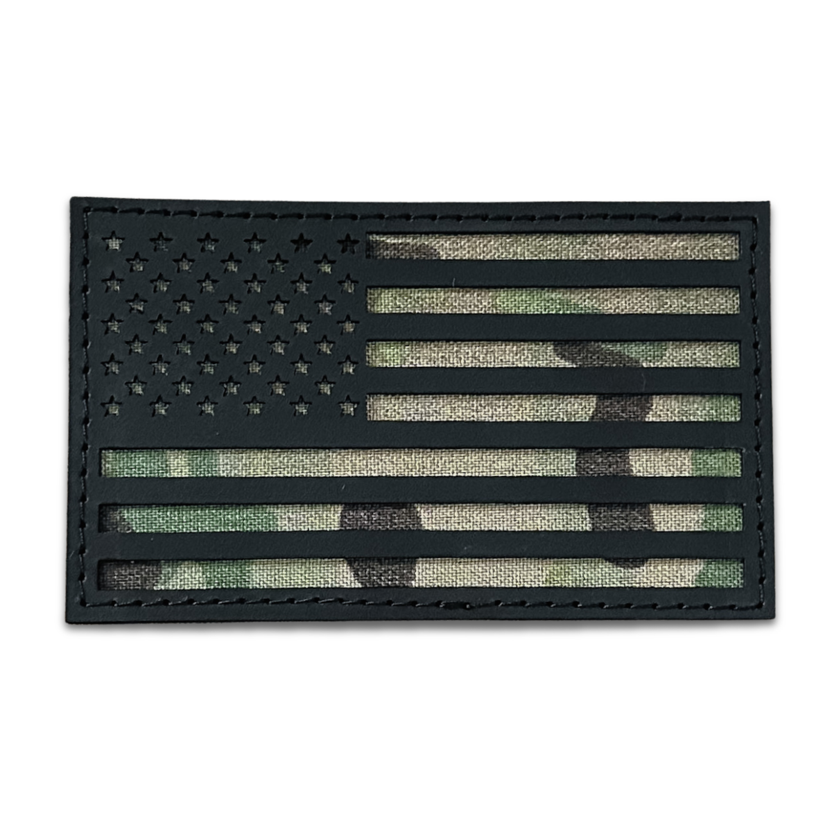 Leather patch, black, American flag design, multicam backing