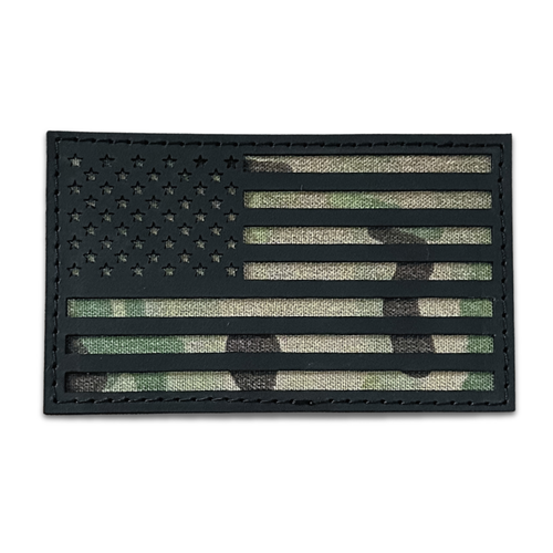 Leather patch, black, American flag design, multicam backing