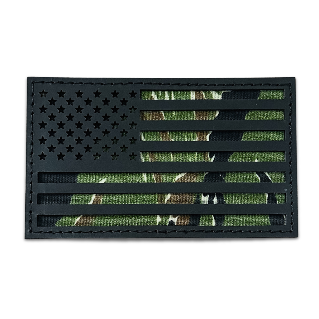 Leather patch, black, American flag design, Vietnam tiger stripe camo backing