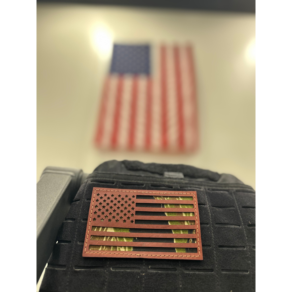Leather patch, brown, American flag design, Vietnam tiger stripe camo backing