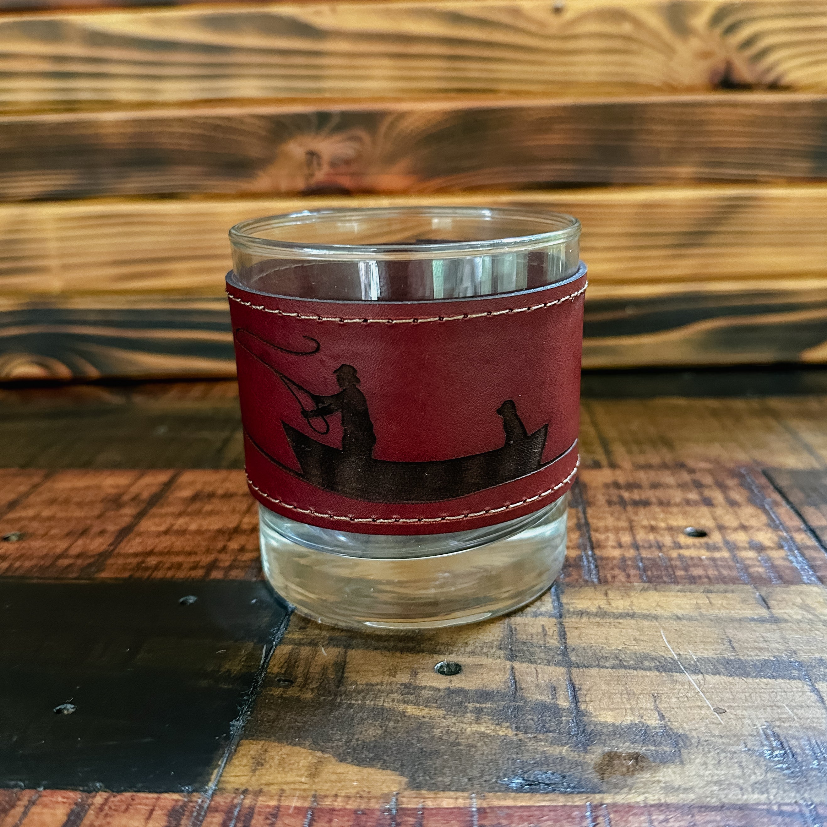 Fly Fishing 10oz Laser Engraved Leather Wrapped Rocks Glass