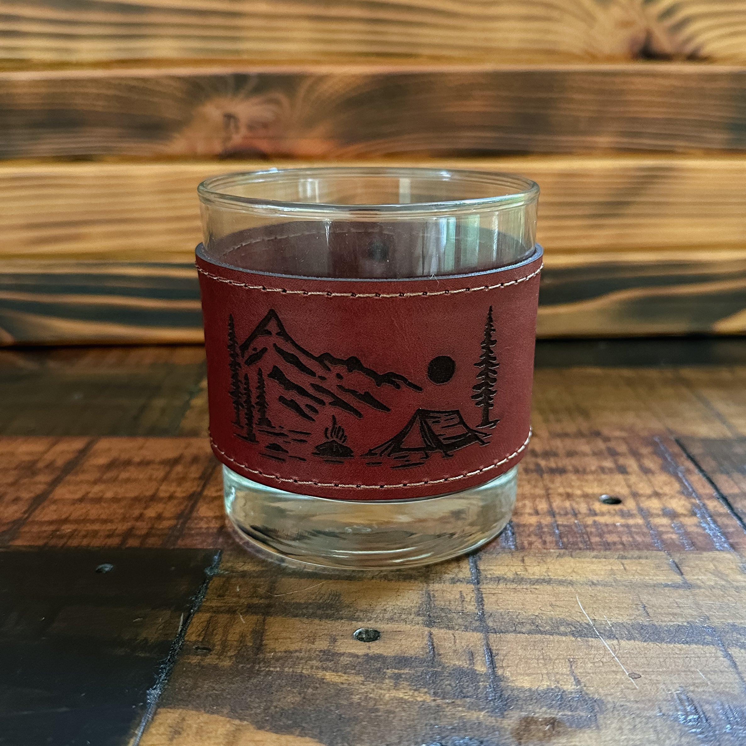 Mountain 10oz Laser Engraved Leather Wrapped Rocks Glass