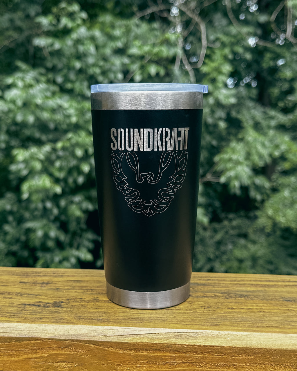 Insulated 20oz tumbler, black, laser engraved, custom Soundkraft and eagle design