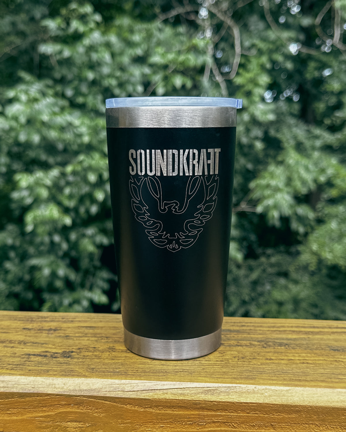 Insulated 20oz tumbler, black, laser engraved, custom Soundkraft and eagle design